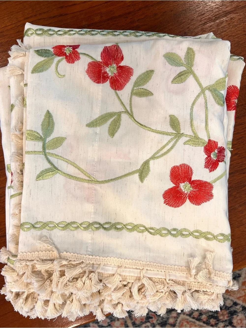 2 Panel 96” Curtain Set Linen Look Ivory Red Green Floral Embroidered Vines Boho